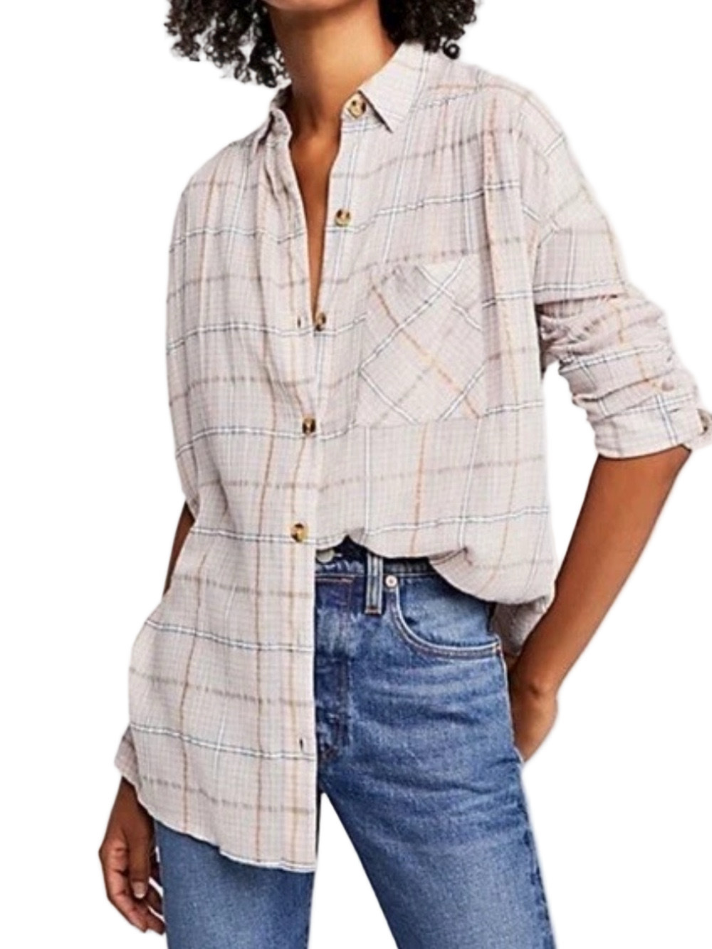 Free People Break My Stride Plaid Shirt M Pink Gold Metallic Boho